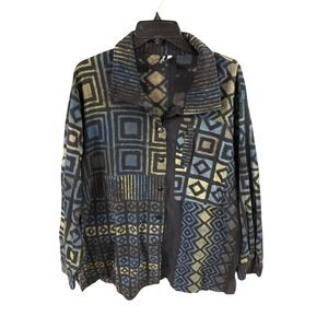 Winter Sun Geometric Batik Print Button Down Shirt Mens Medium Blue Yellow Black